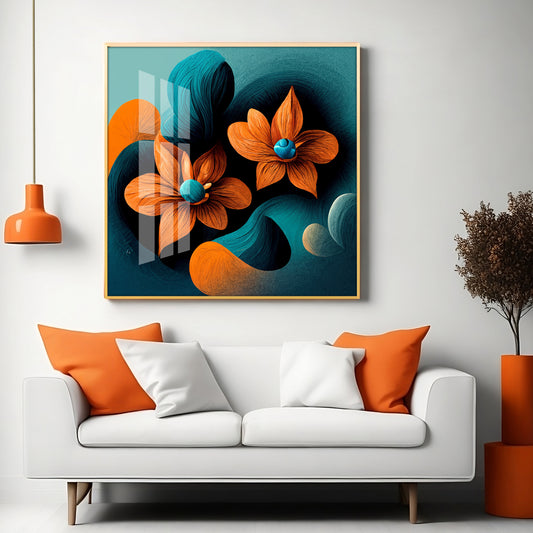 Orange and Blue Blossom Fusion Glass Finish Square Wall Art