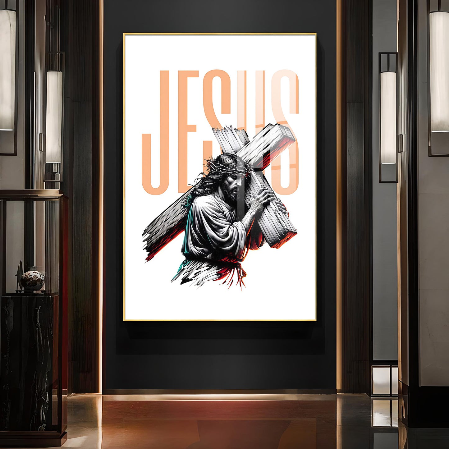 Jesus Christ with Cross Glass Finish Vertical Wall Art