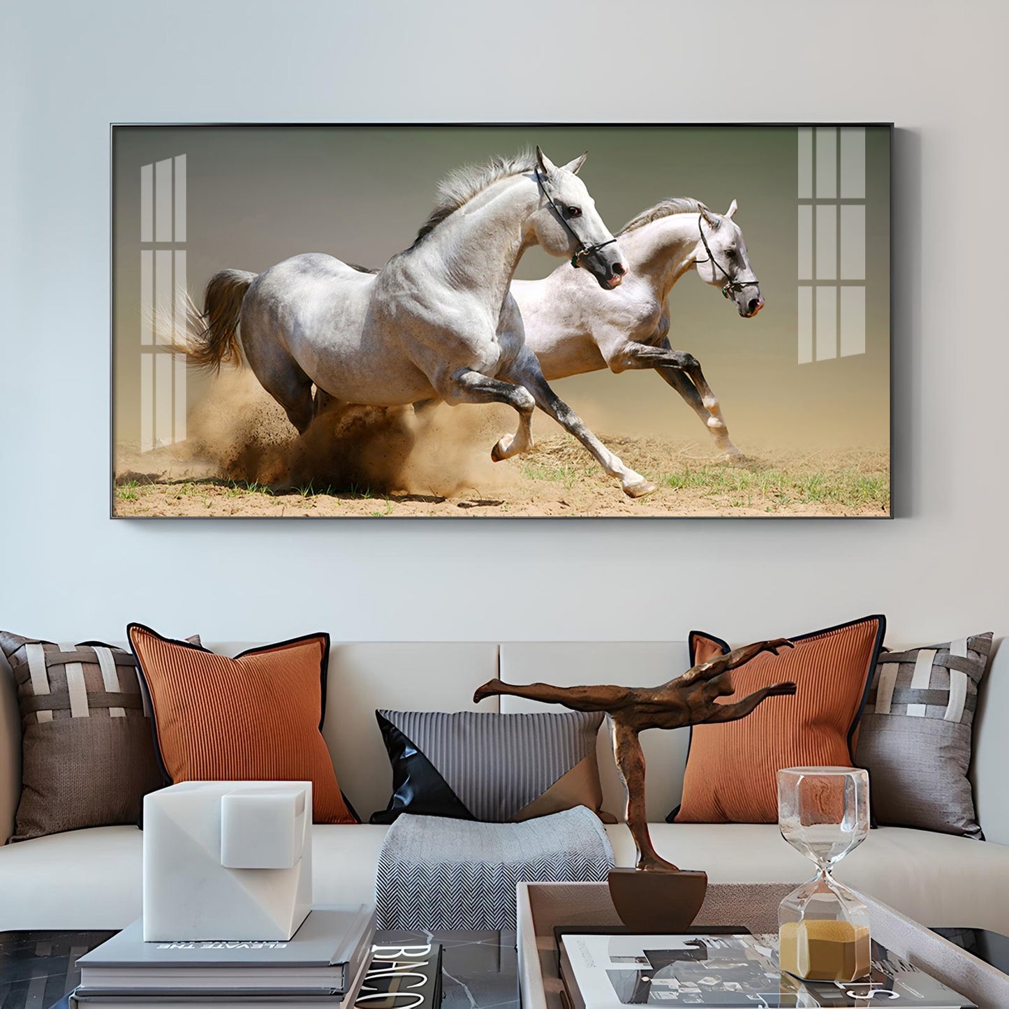 Satin Matt Running Horses Glass Finish Horizontal Wall Art