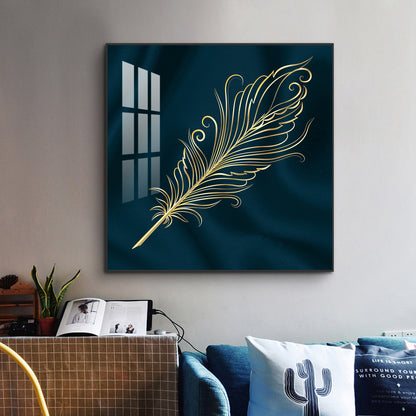 Feather on Azure Glass Finish Square Wall Art