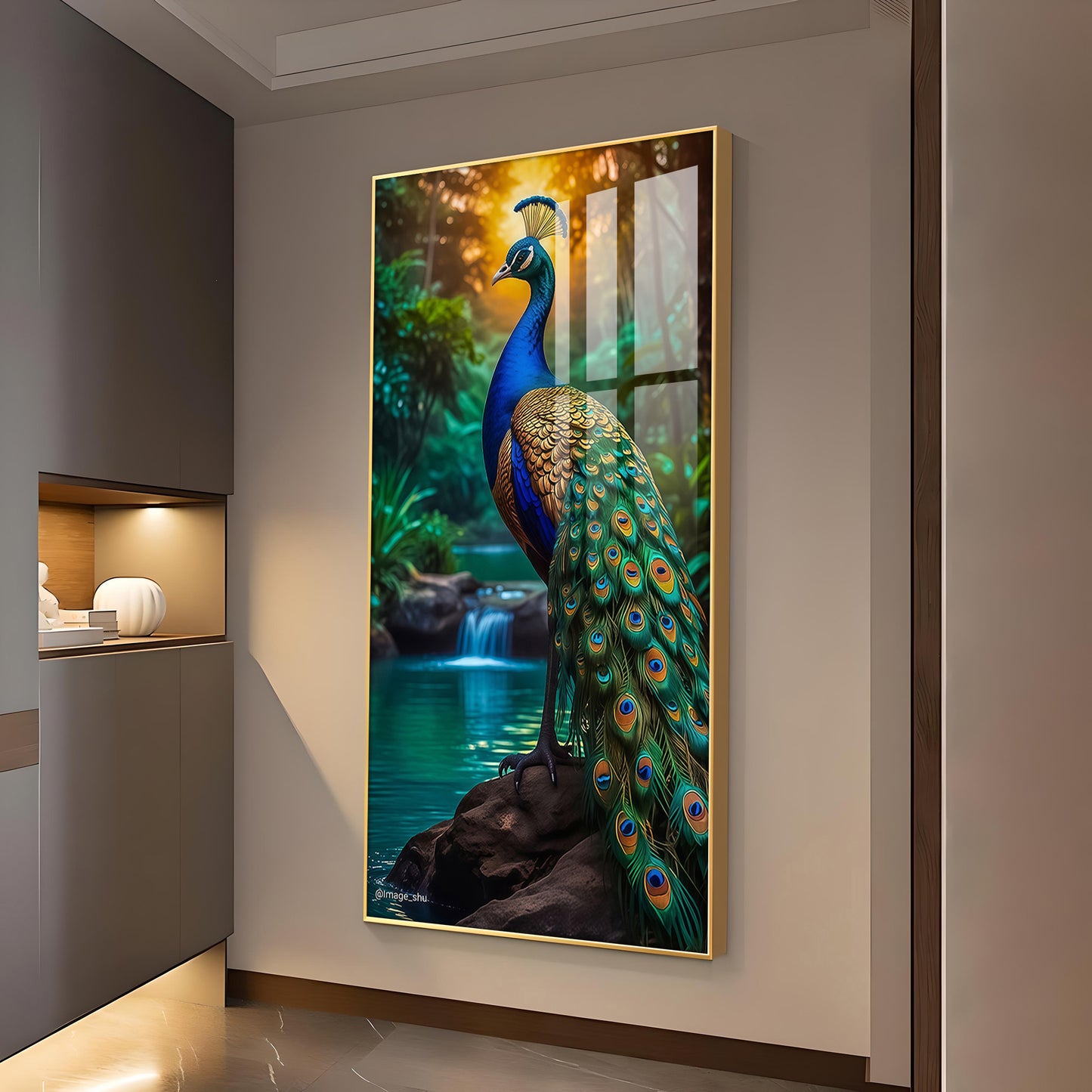 Majestic Peacock by Waterfall Glass Finish Vertical Wall Art