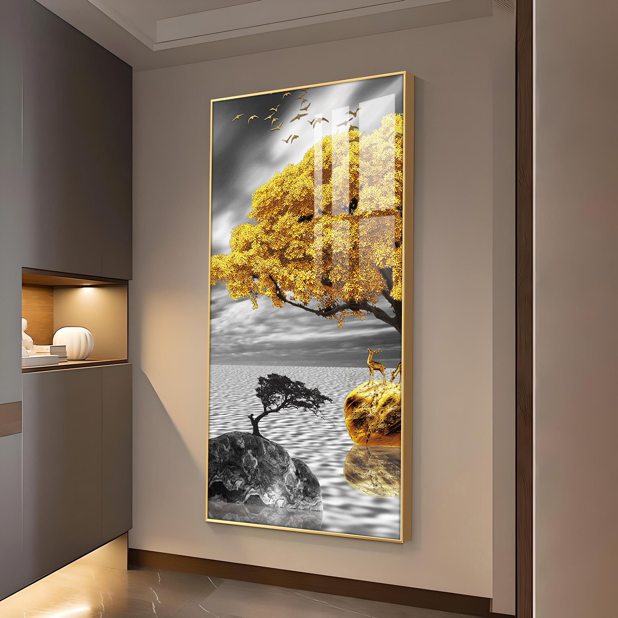 Golden Tree Oasis Glass Finish Vertical Wall Art