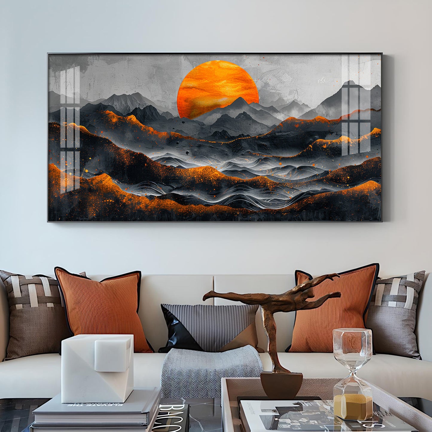 Sun Rise In Black Mountain Glass Finish Horizontal Wall Art