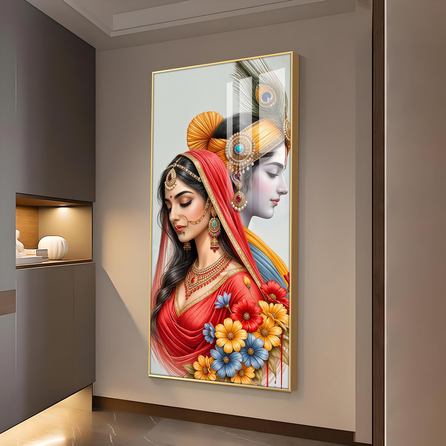 Loving Radha Krishna Glass Finish Vertical Wall Art