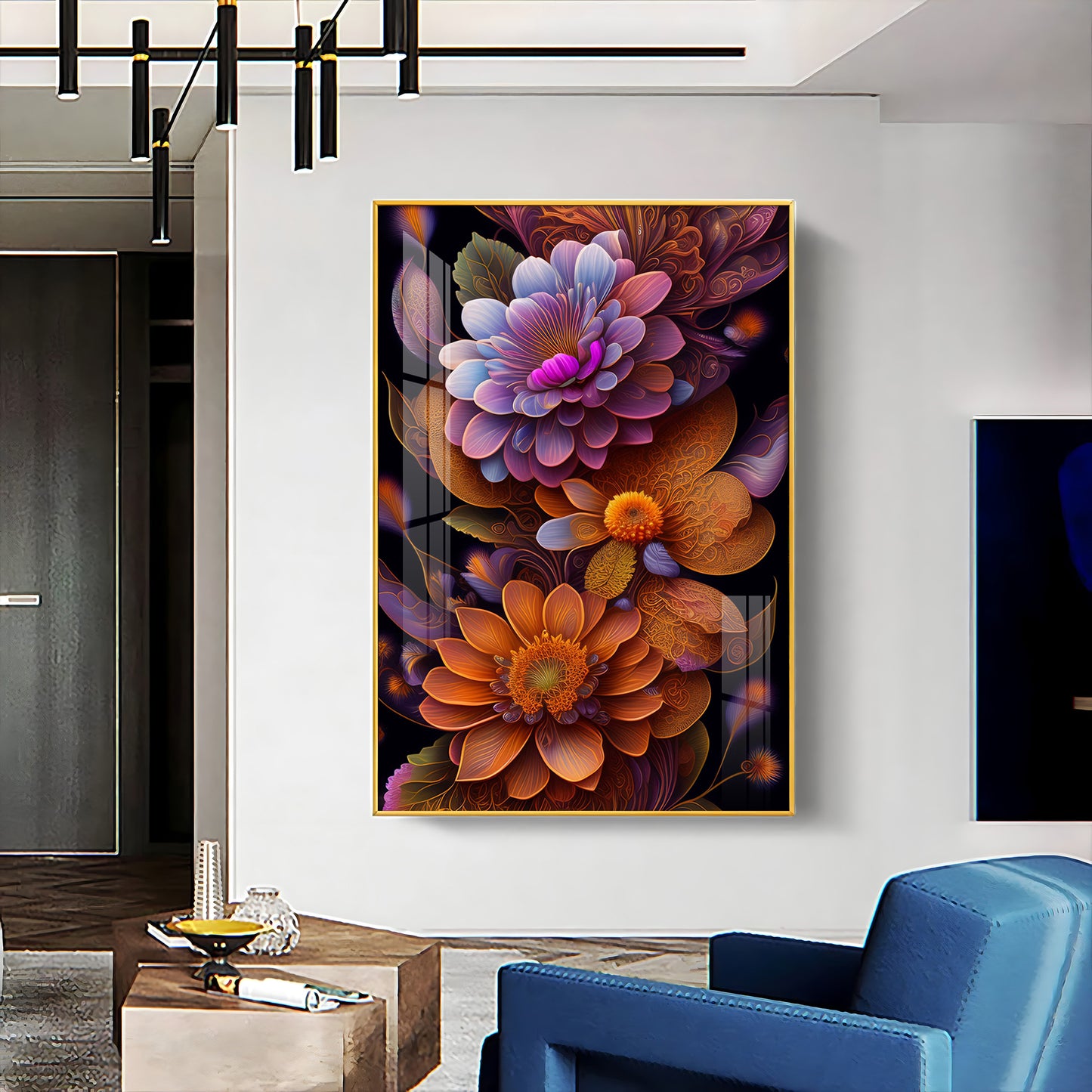 Floral Symphony Glass Finish Vertical Wall Art