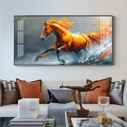 One Running Horse Glass Finish Horizontal Wall Art