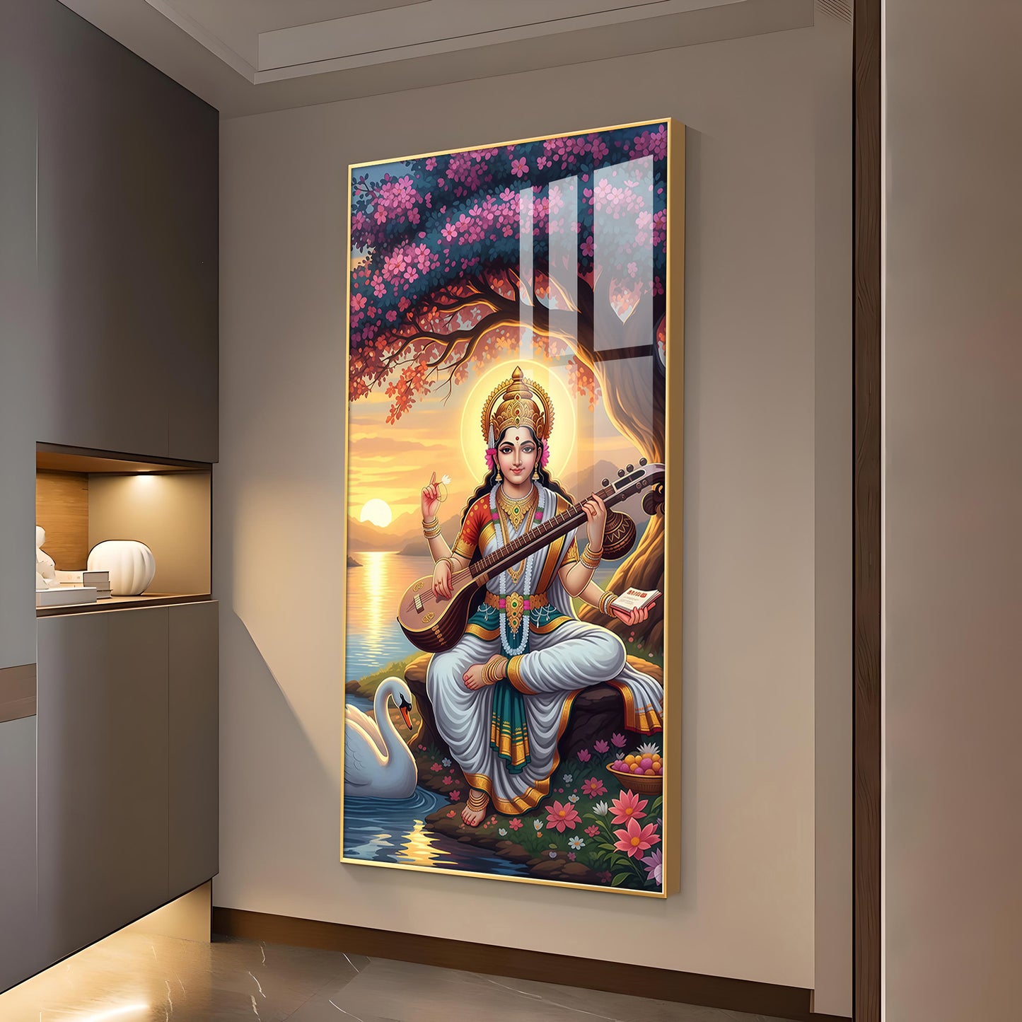 Goddess Saraswati Glass Finish Vertical Wall Art