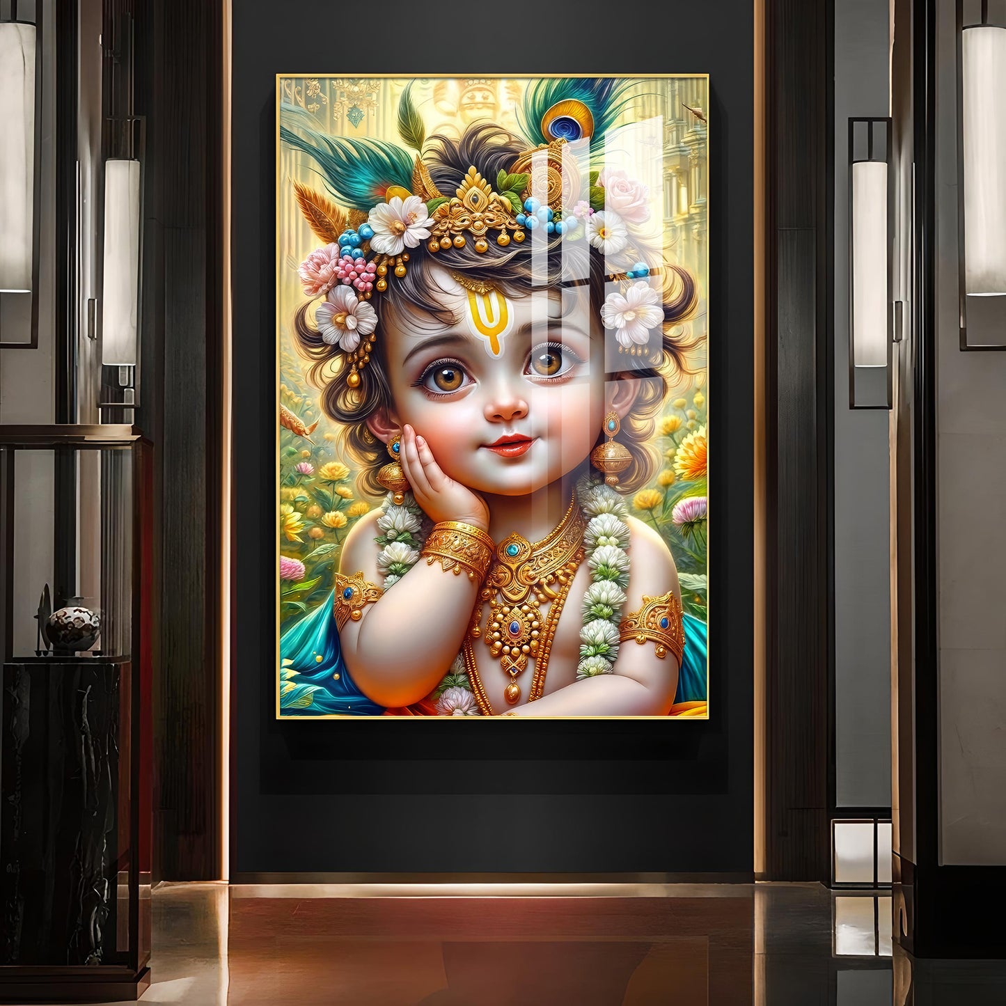 Lord Baby Krishna Glass Finish Vertical Wall Art