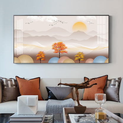 Tree With Mountains Glass Finish Horizontal Wall Art