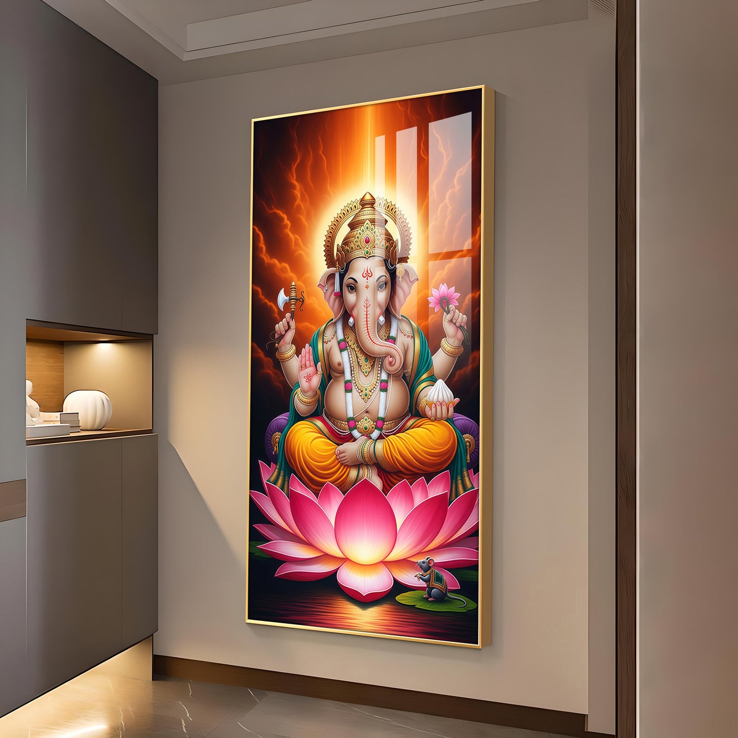 Lord Ganpati Ji Glass Finish Vertical Wall Art
