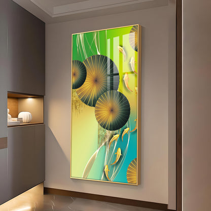 Emerald Oasis Koi Glass Finish Vertical Wall Art