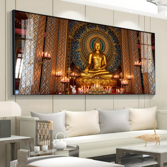 Buddha In Golden Incarnation Glass Finish Horizontal Wall Art