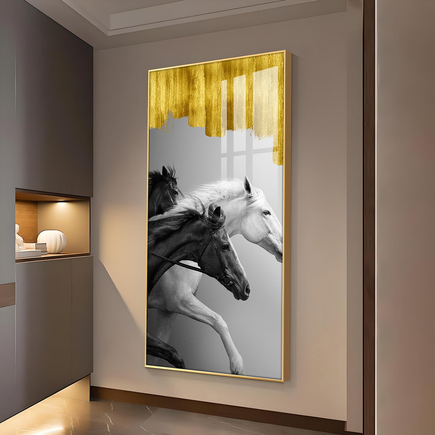 Running Stallions Glass Finish Vertical Wall Art