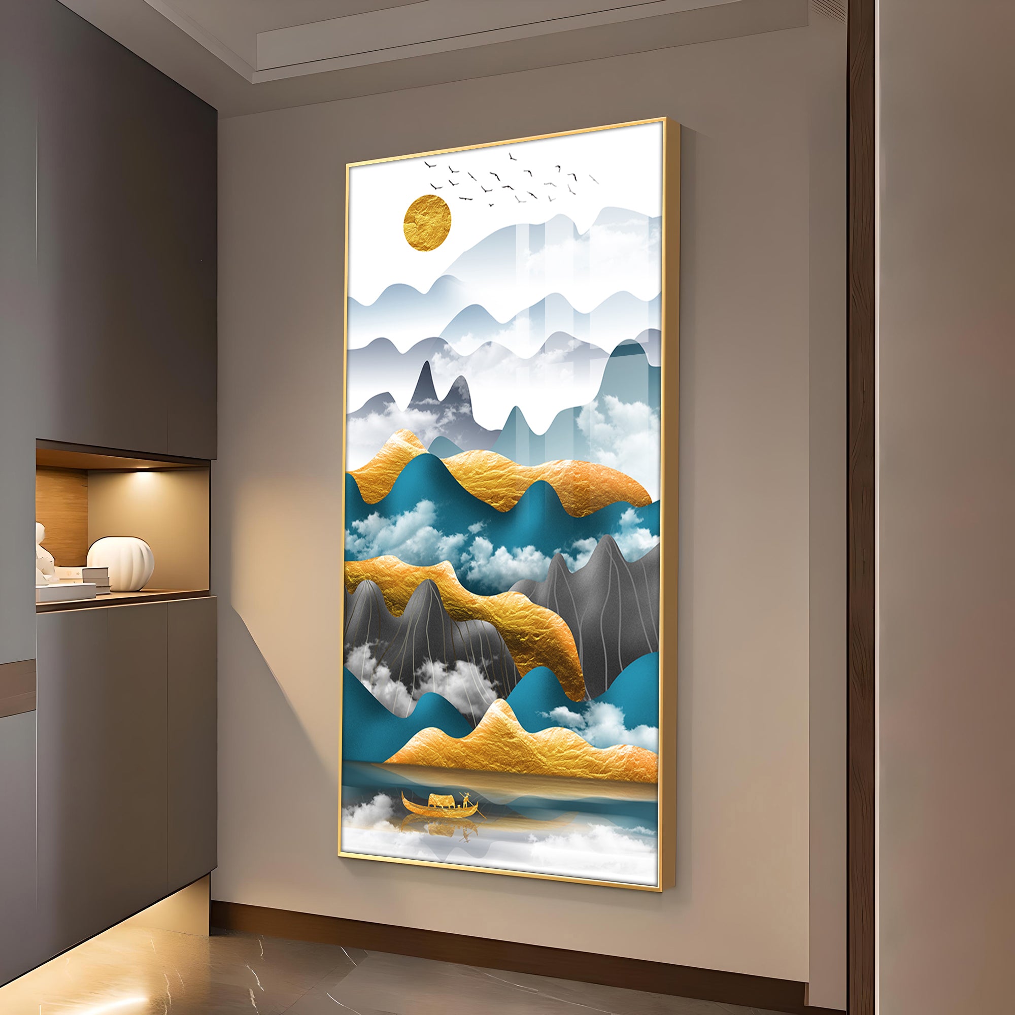 Mountains and Water Glass Finish Vertical Wall Art