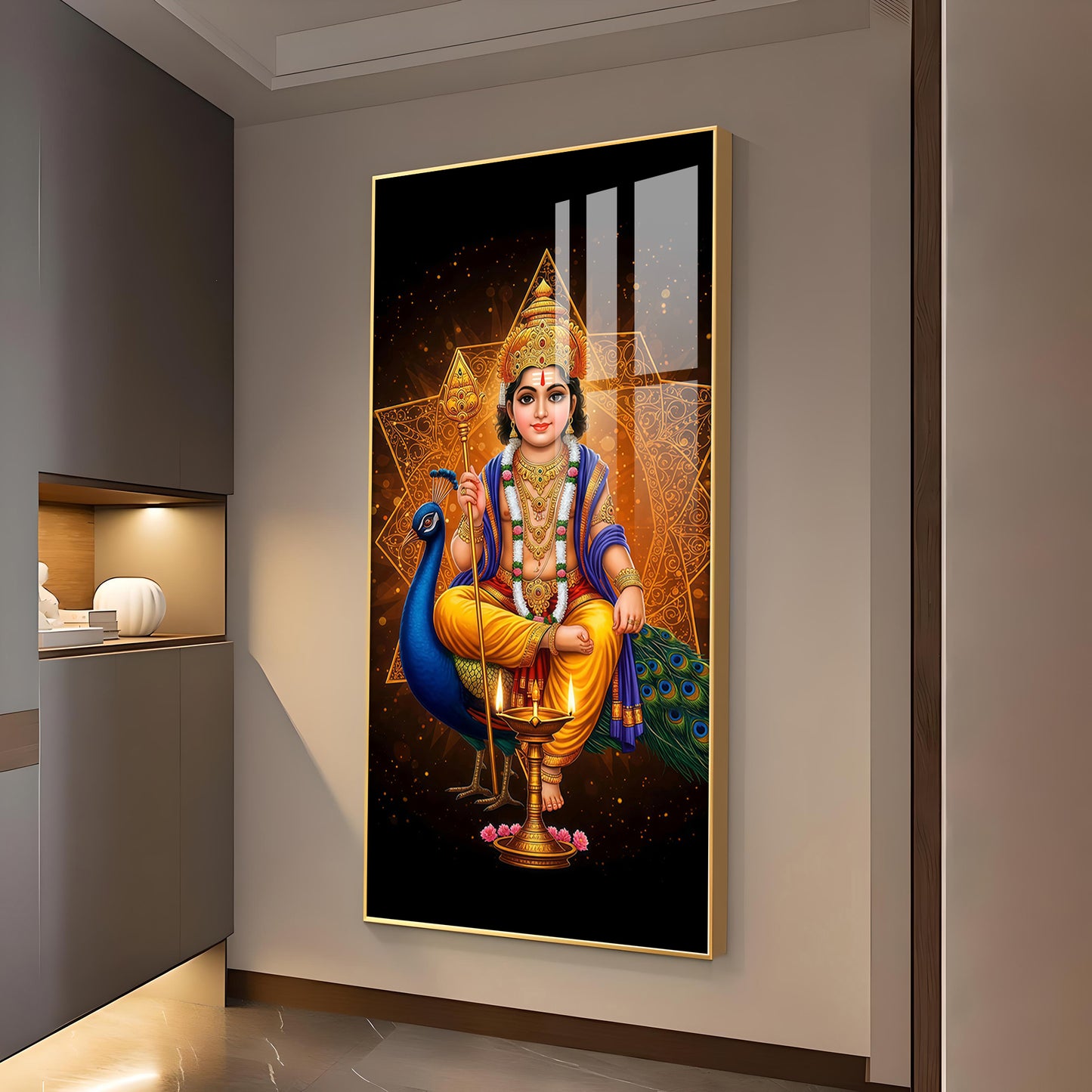 Divine Lord Murugan Ji Glass Finish Vertical Wall Art
