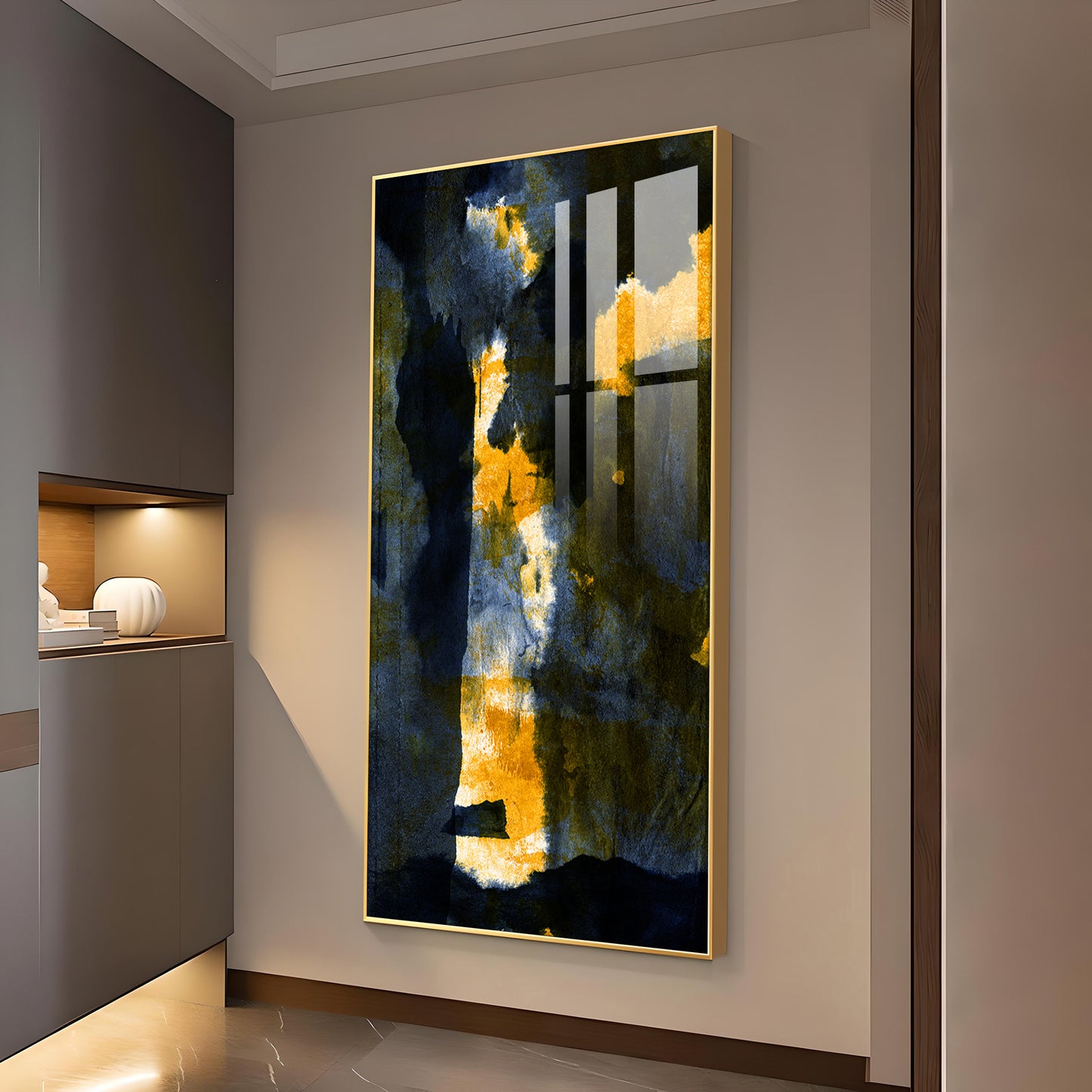 Golden Nightfall Glass Finish Vertical Wall Art