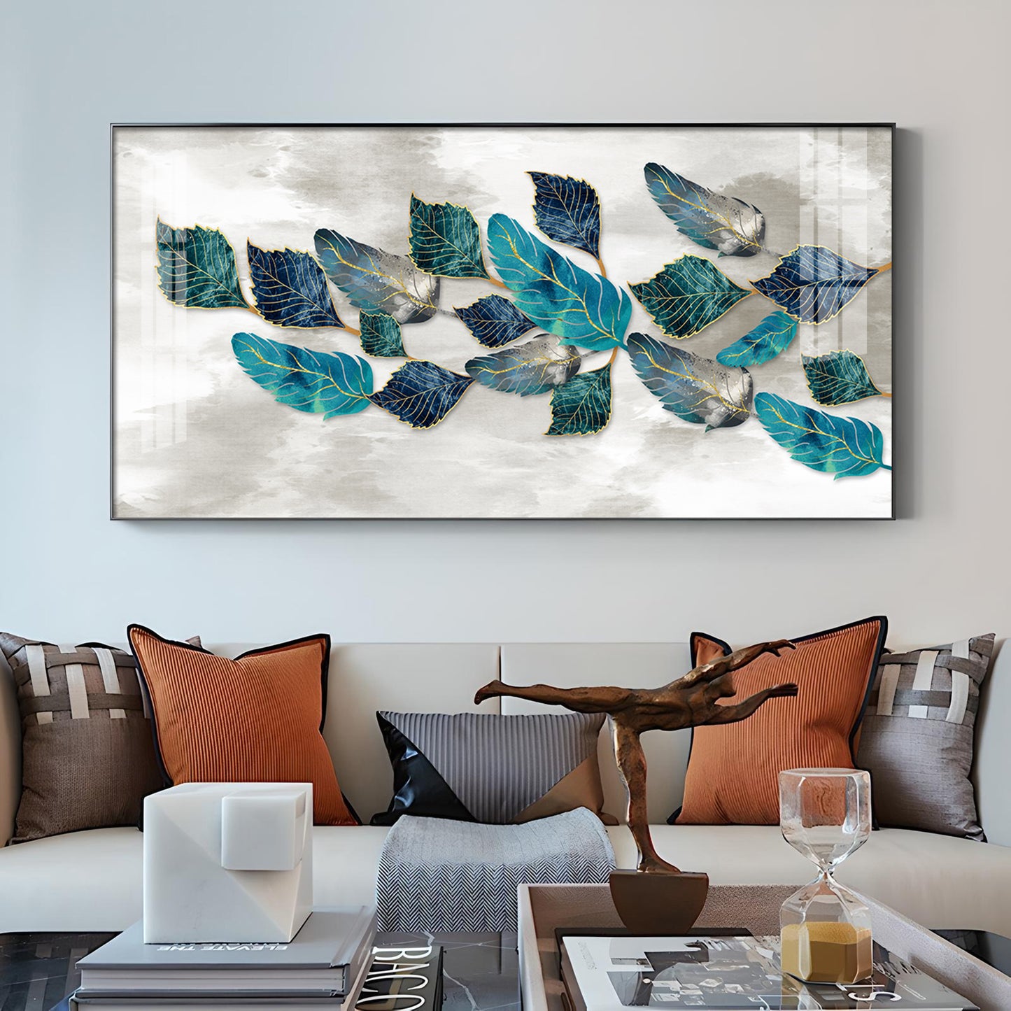 Turquoise Greay Leaves Glass Finish Horizontal Wall Art