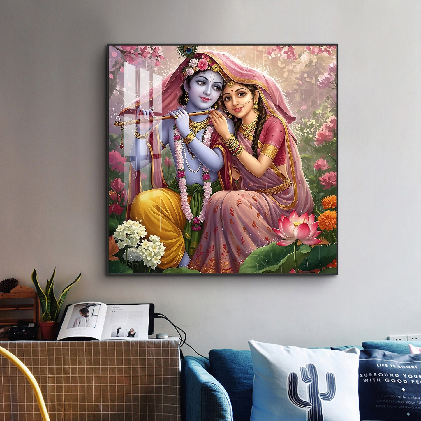 Shri Radha Krishna Glass Finish Square Wall Art
