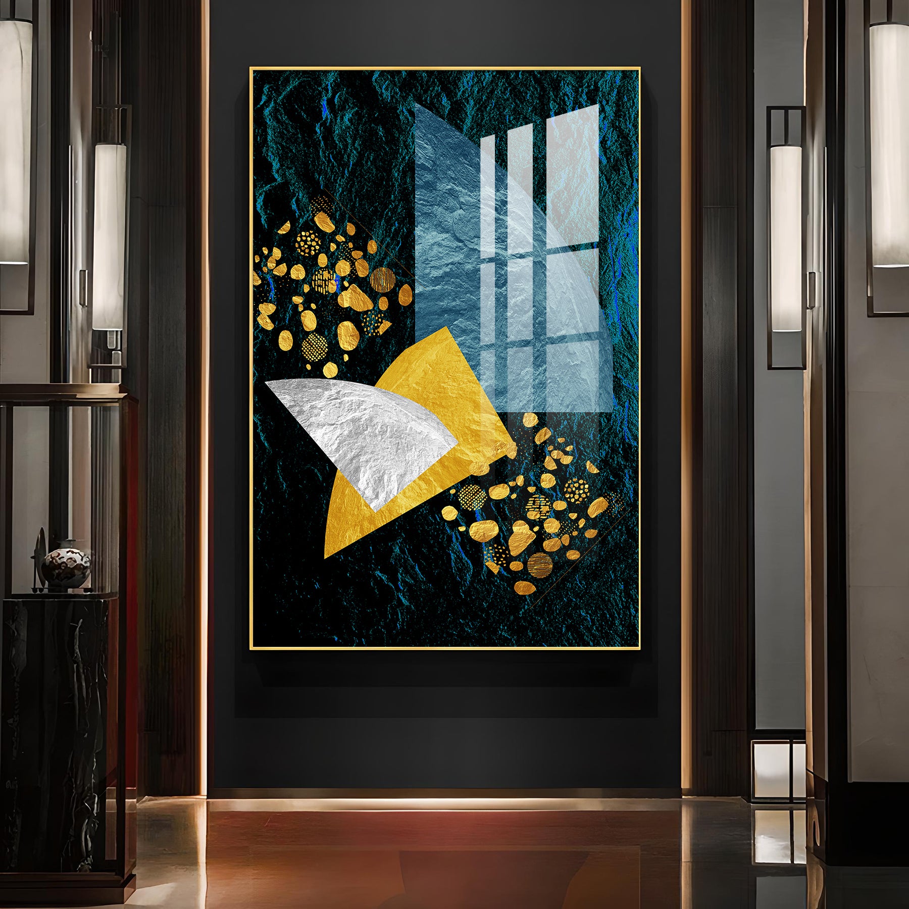 Golden Azure Symphony Glass Finish Vertical Wall Art