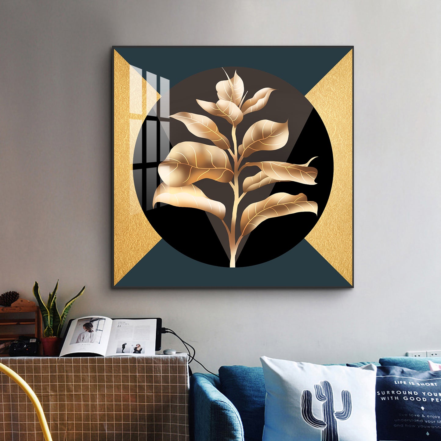 Golden Leaf Glass Finish Square Wall Art