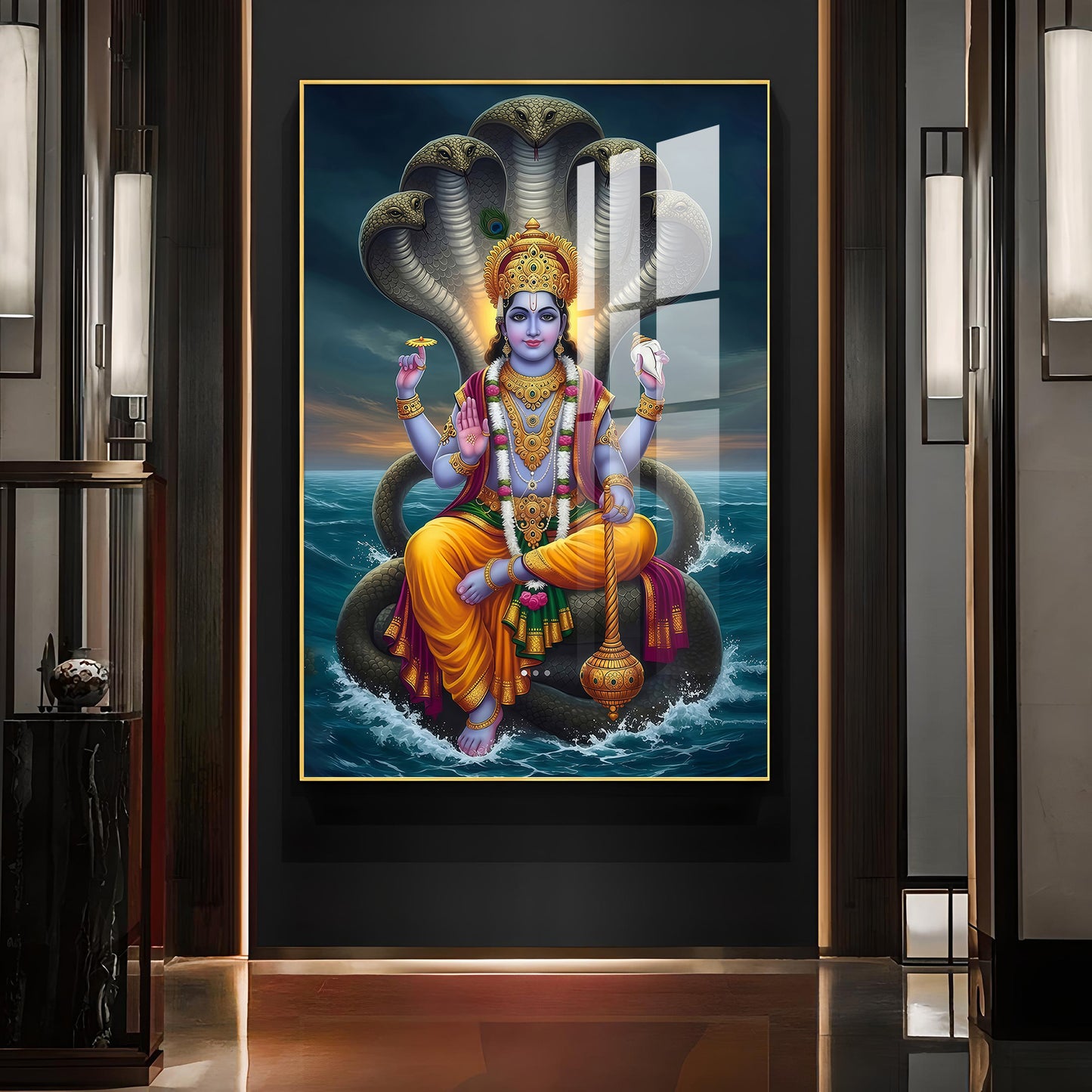 Jay Vishnu Bhagwan Glass Finish Vertical Wall Art