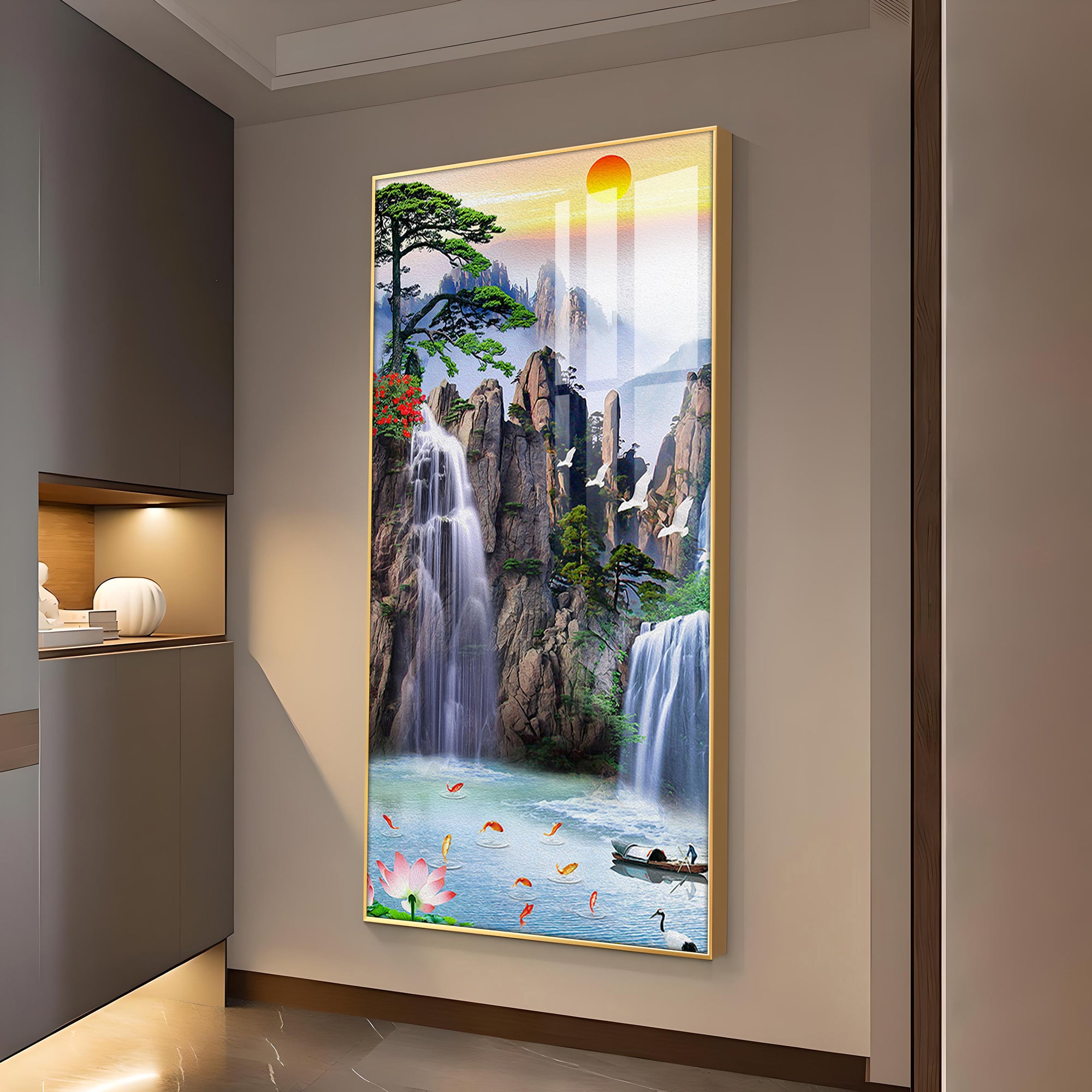 Portrait of Water and Birds Glass Finish Vertical Wall Art