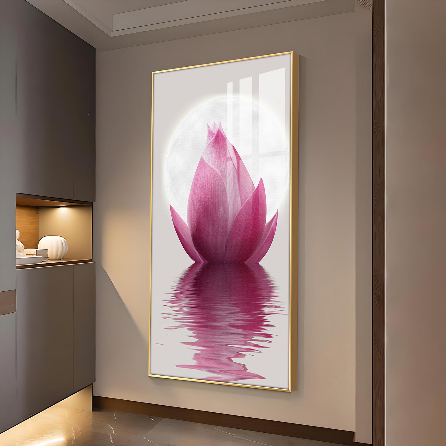 Lunar Lotus Glass Finish Vertical Wall Art