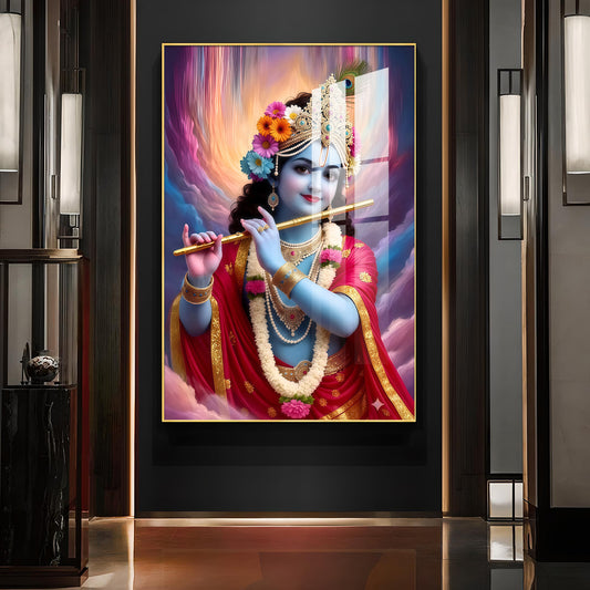 Colorful Krishna Ji Glass Finsih Vertical Wall Art