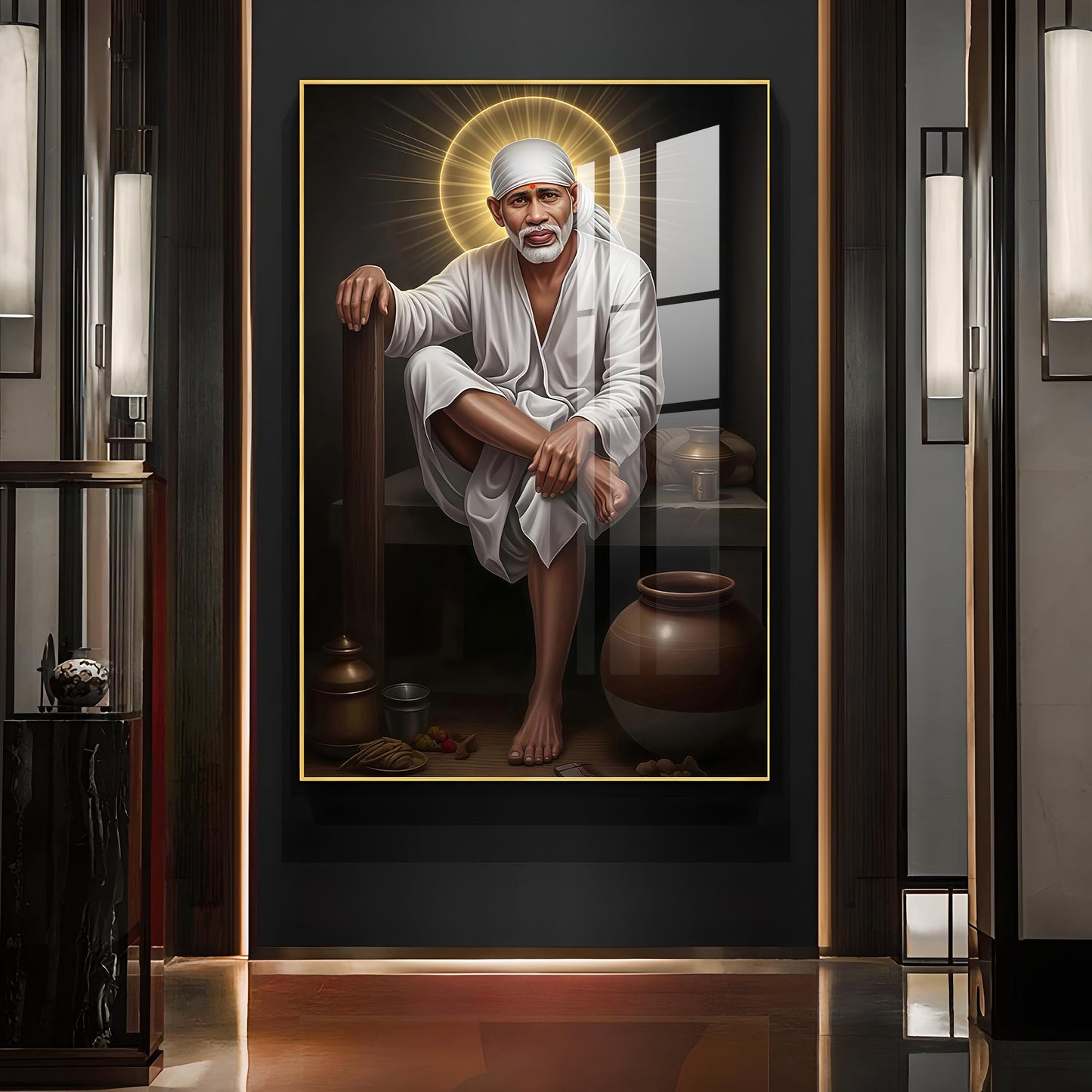 Sai Baba Glass Finish Vertical Wall Art