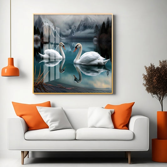 Graceful Swans in Water Glass Finish Square Wall Art