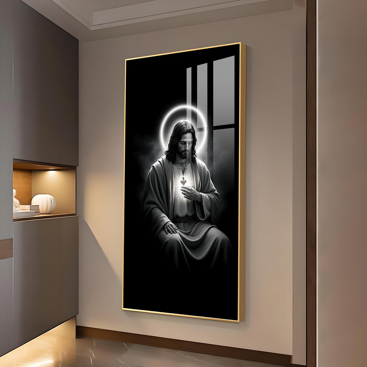 Jesus Black and White Glass Finish vertical Wall Art