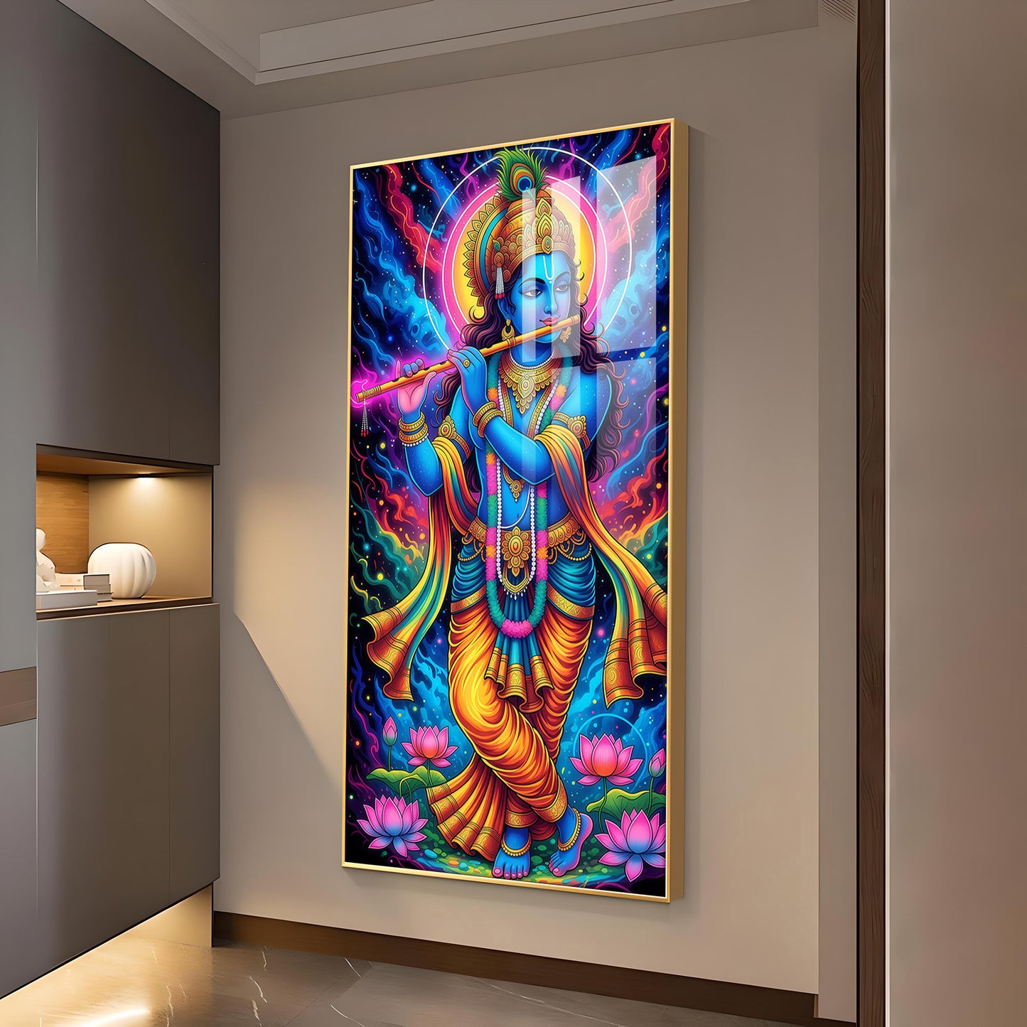 Jai Shree Krishna Glass Finish Vertical Wall Art