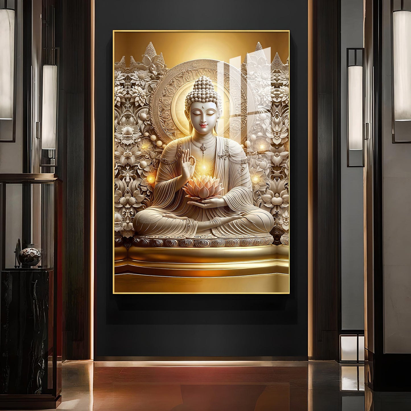 Divine Buddha Glass Finish Vertical Wall Art