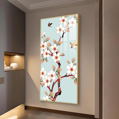 Avian Blossom Glass Finish Vertical Wall Art