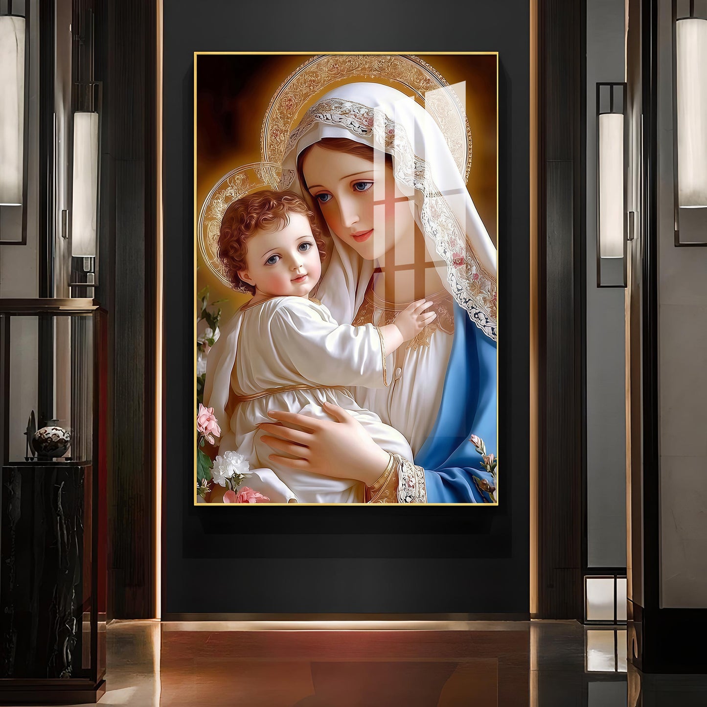 Mother Mary and Child wall art Glass Finish Vertical Wall Art