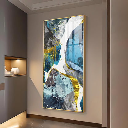 Gold and Blue Abstraction Glass Finish Vertical Wall Art