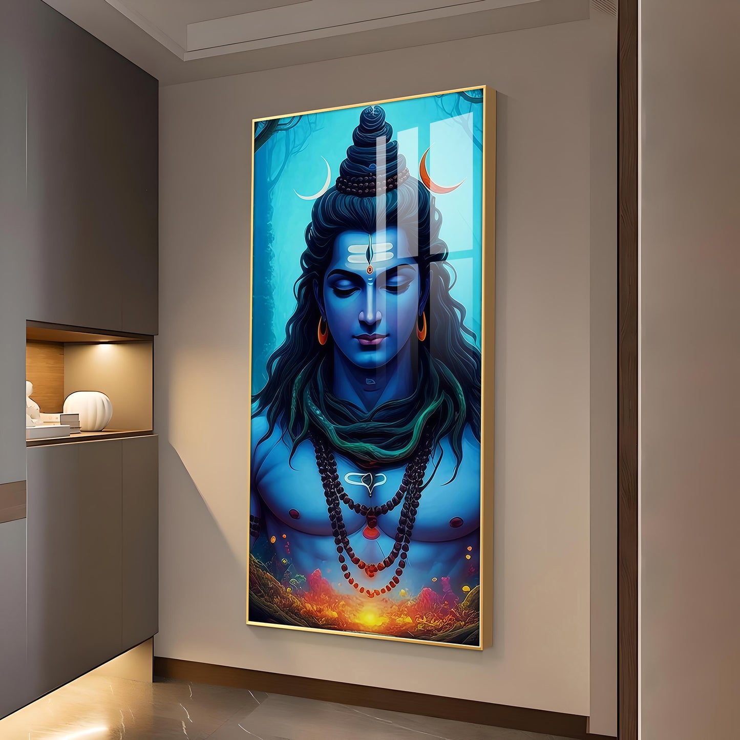 Lord Mahadev Glass Finish Vertical Wall Art