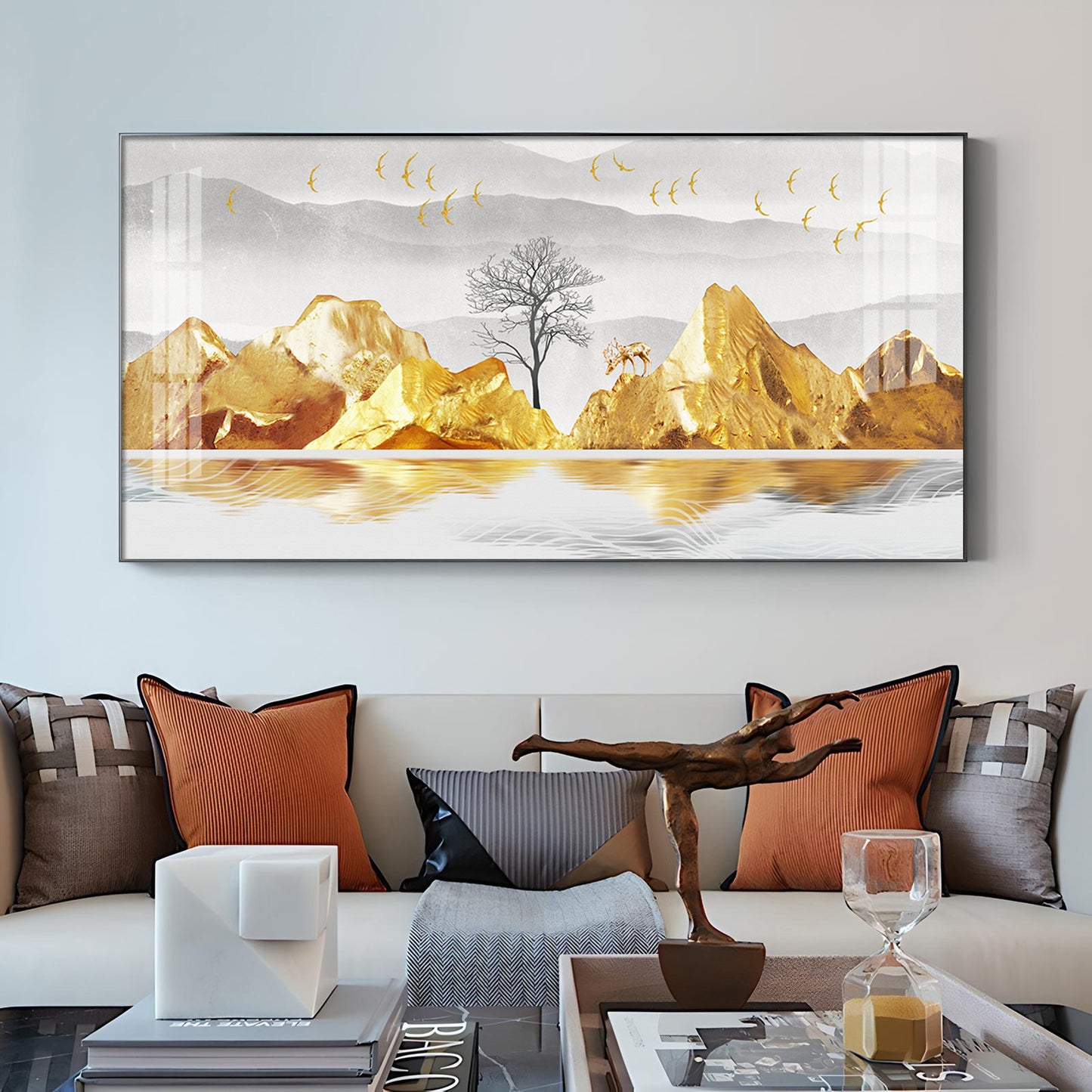 Golden Mountains And Birds Glass Finish Horizontal Wall Art