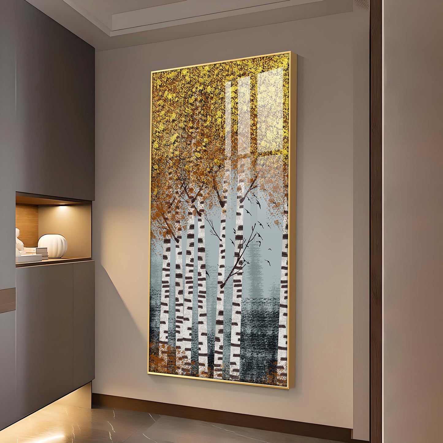 Autumnal Birch Reverie Glass Finish Vertical Wall Art