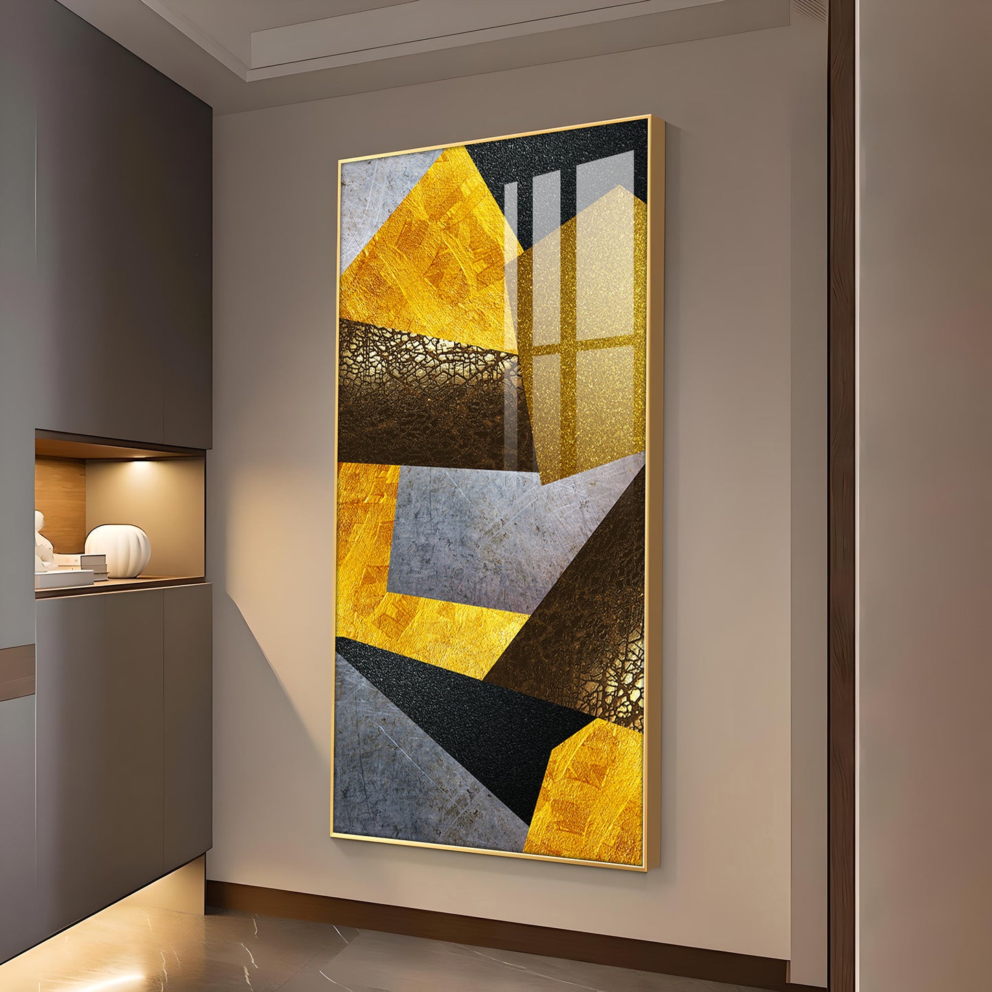 Black and Gold Abstract Vision Glass Finish Vertical Wall Art