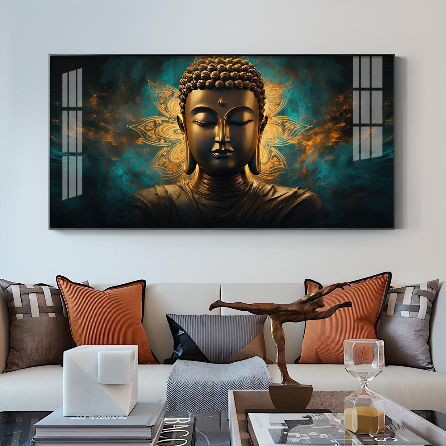 Lord Buddha Golden Glass Finish Horizontal Wall Art