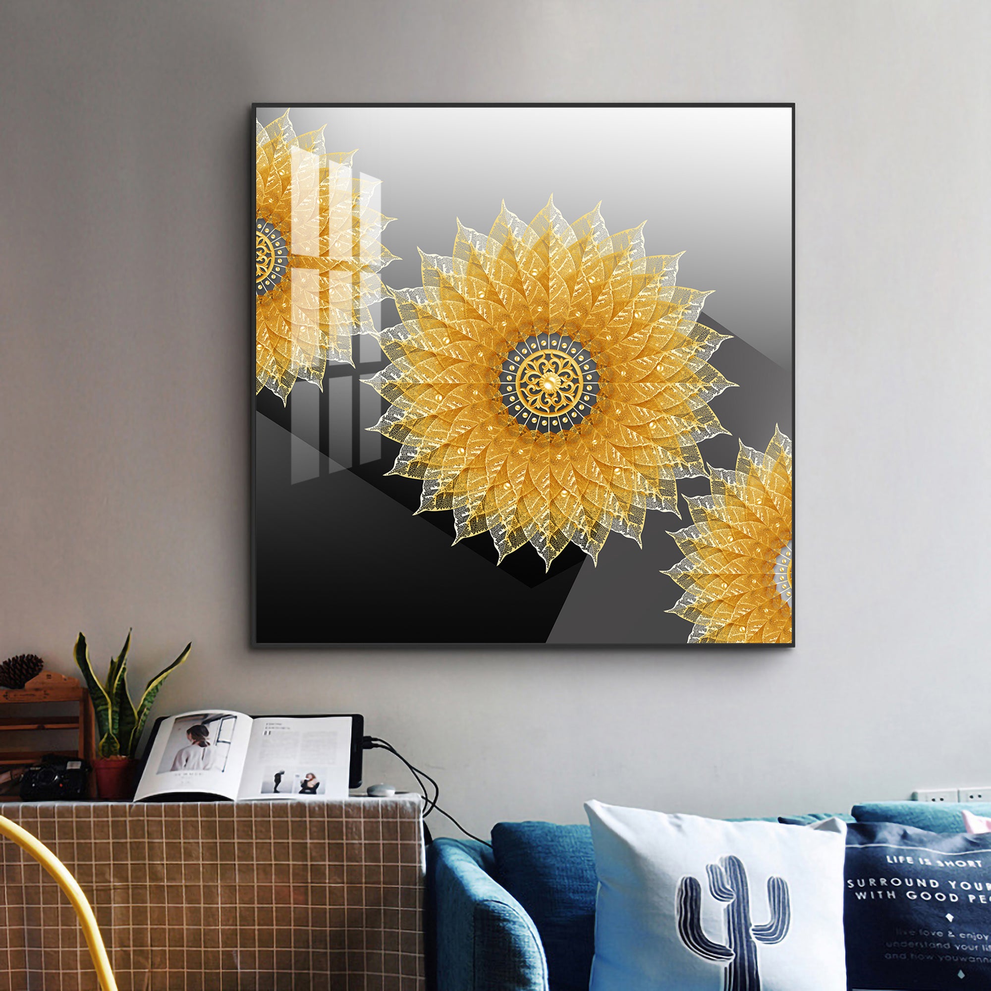 Golden Bloom Glass Finish Square Wall Art