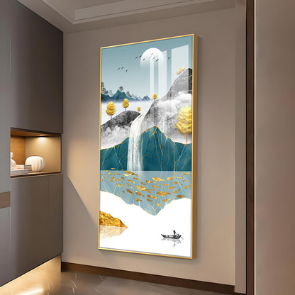 Painting of a Waterfall and Boat Glass Finish Vertical Wall Art