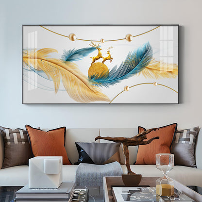 Golden Blue Feathers Glass Finish Horizontal Wall Art