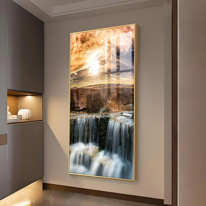 Dusk Over the Falls Glass Finish Vertical Wall Art