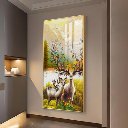 Portrait of Deer and Blossoms Glass Finish Vertical Wall Art