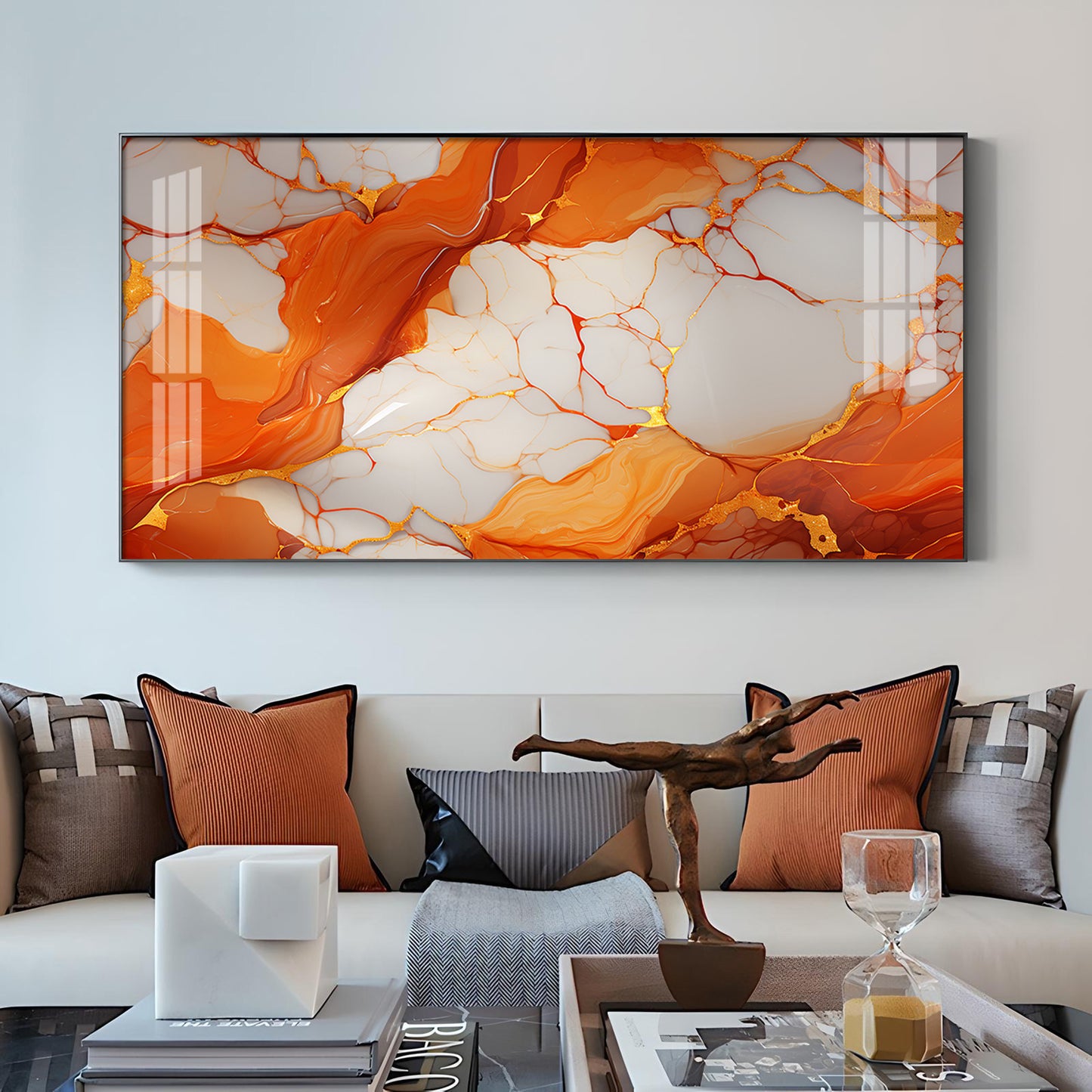 Marble Ink Orange Glass Finish Horizontal Wall Art