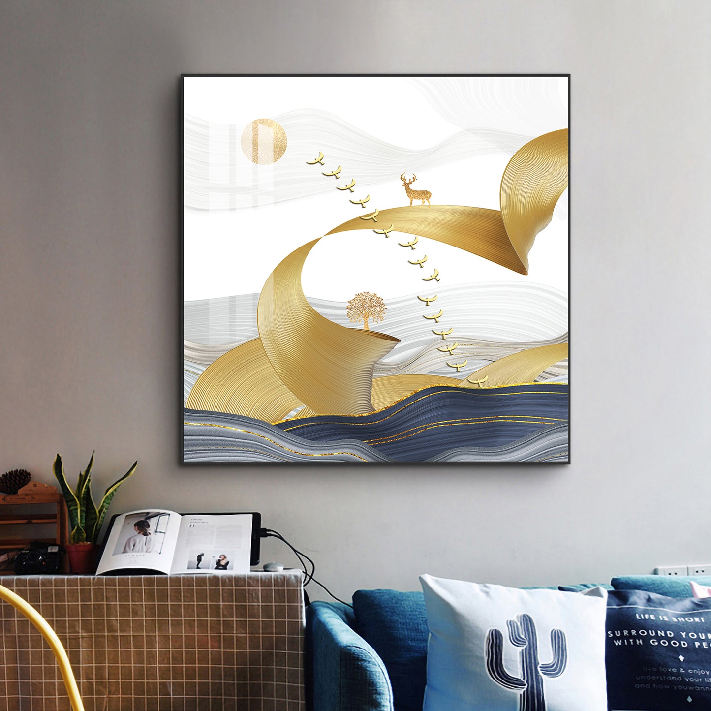 Golden Bird Above the Peaks Glass Finish Square Wall Art