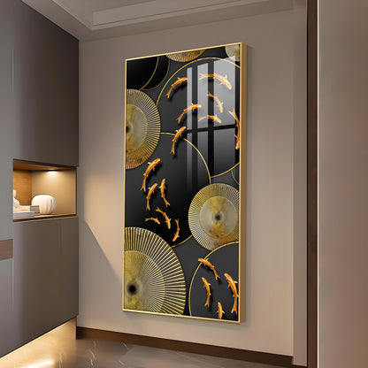 Goldfish Elegance Glass Finish Vertical Wall Art