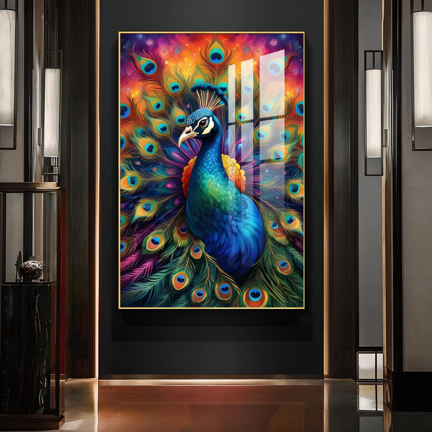Beautiful Peacock Glass Finish Vertical Wall Art